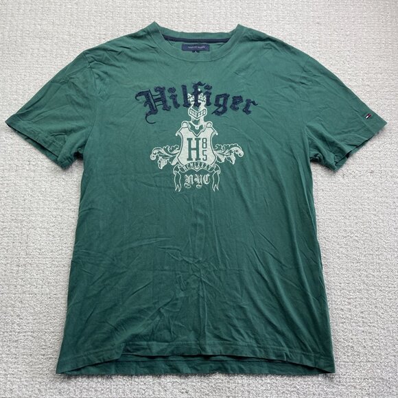 Vintage Y2K Tommy Hilfiger Men's XL Embroidered T Shirt Green Goth Logo Punk - Picture 1 of 15